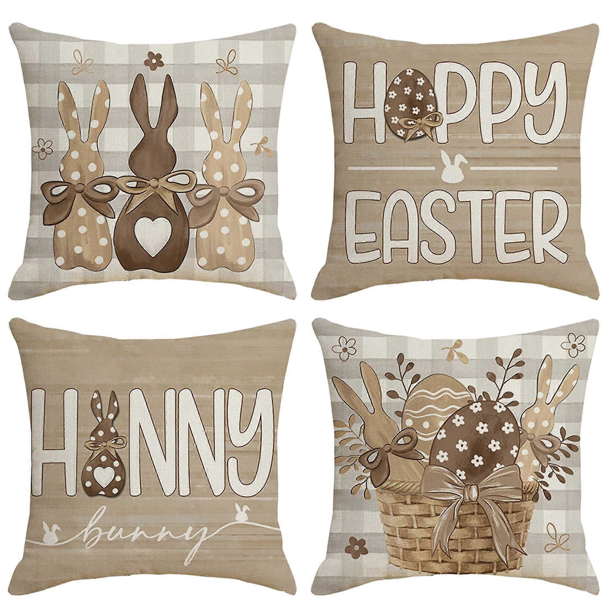 4 Pieces Throw Pillow Covers Brown Easter Buffalo Plaid 18 X 18 Inch For Sofa