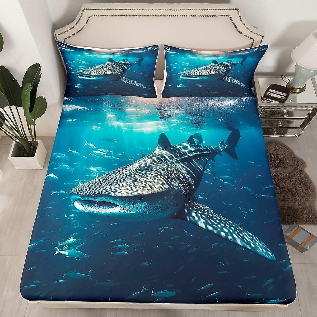 Shark Bed Sheet Set Twin Size Whale Shark Bedding Ocean Marine Theme Fitted Sheet for Kids Room with 1 Pillow Case