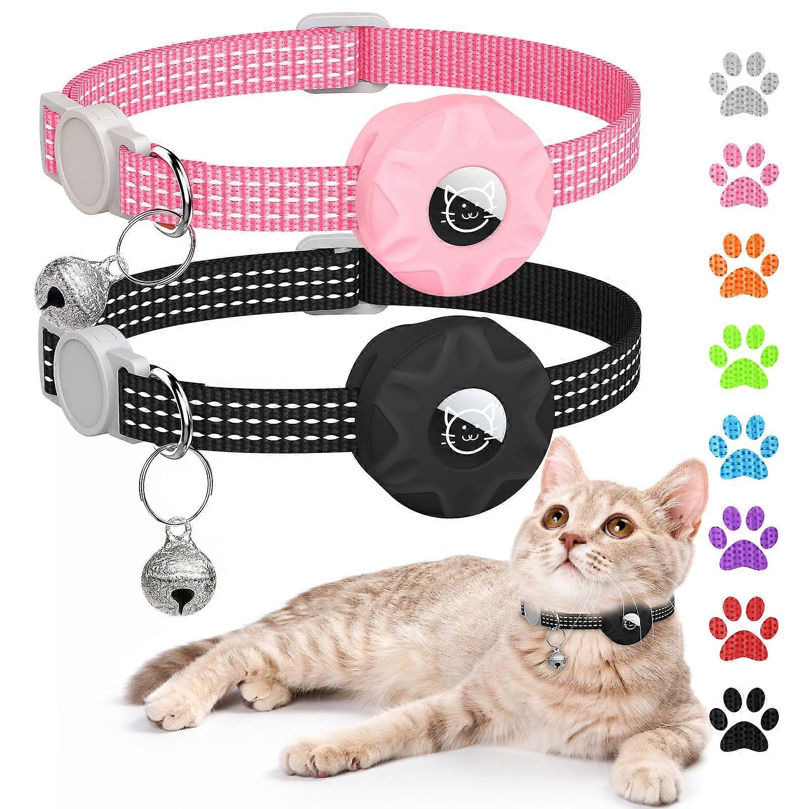 Cat Collar for AirTag with Breakaway Design, Reflective Kitten Collar for GPS Tracking, Lightweight Holder and Bell, Black/Pink