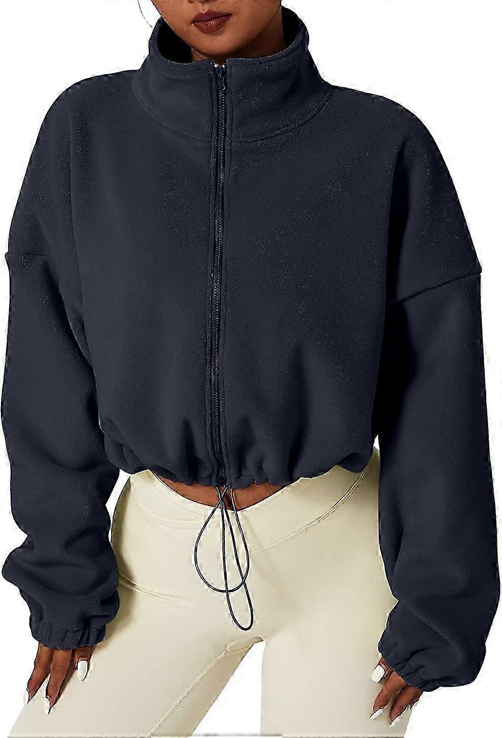 Women's Full Zip Fleece Short Jacket Warm Winter Long Sleeve Stand Collar Sherpa Crop Coat