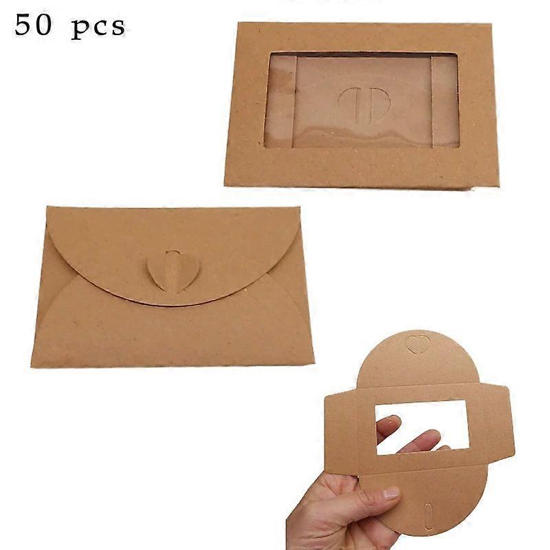 50pcs Window Card Envelopes: Presents Card Sleeves Mini Envelopes With Heart Shaped Clasp For Greeting Invitation Wedding Business Party Khaki
