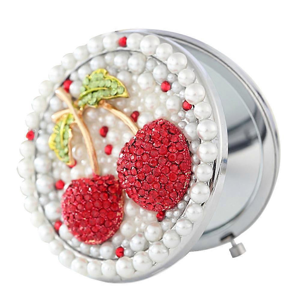 Small Foldable Mirror Cherry Pattern Dual-Side Cosmetics Mirror Portable For Women Travel 7x7cm 1Pcs