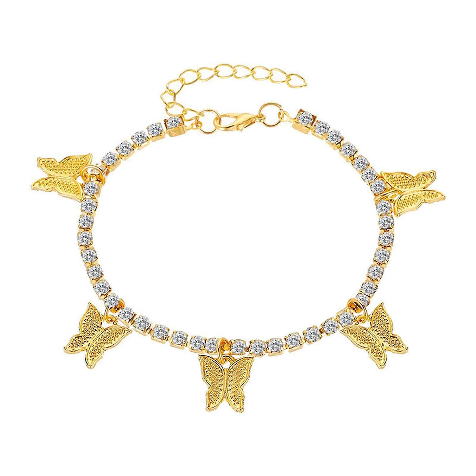 Alloy Butterfly Pendant Snake Chain Anklet, Simple Multi-Layer Ankle Bracelet, Gold Finish, One Size