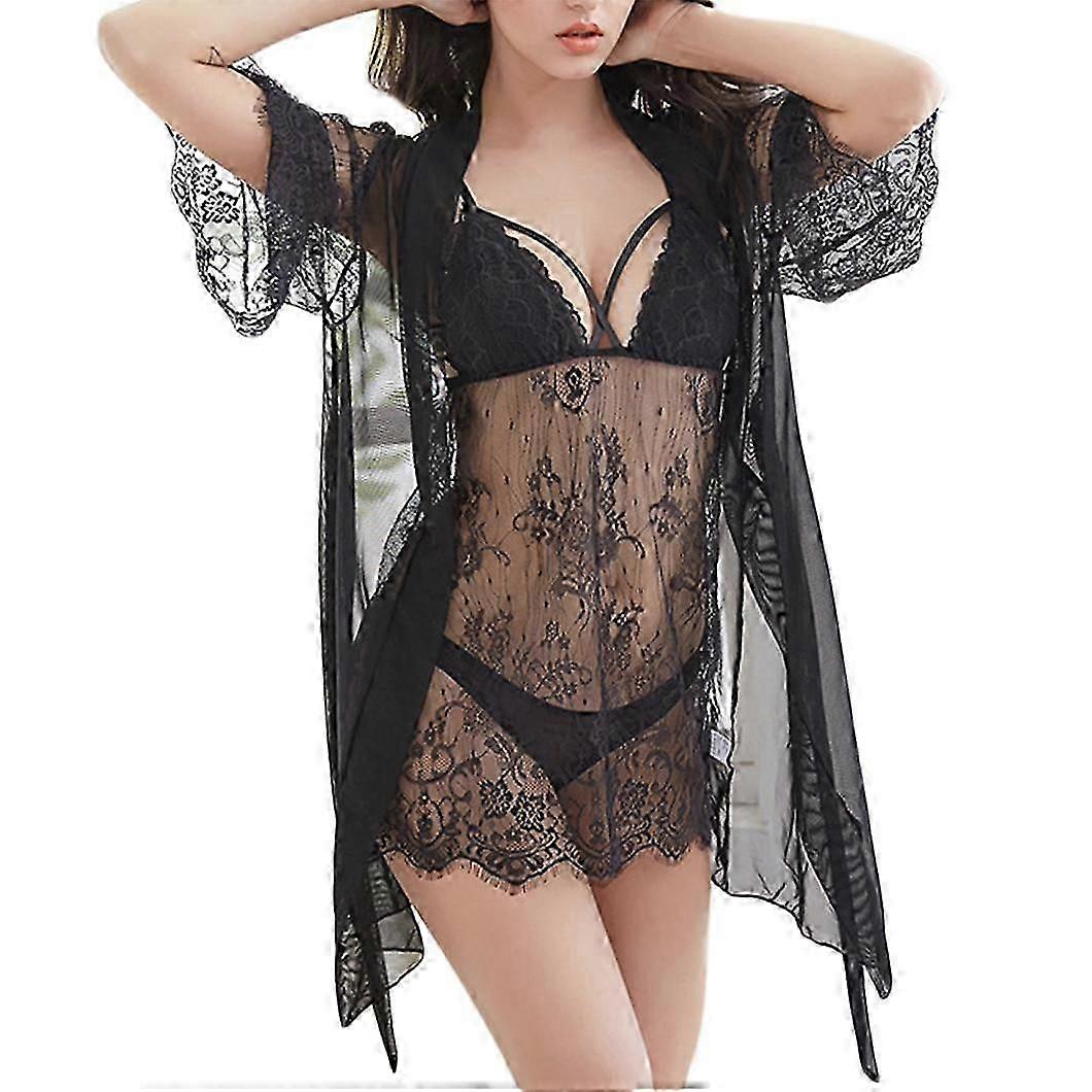 Women's sexy pajamas sling skirt robe bikini 3 sets lace see-through nightgown