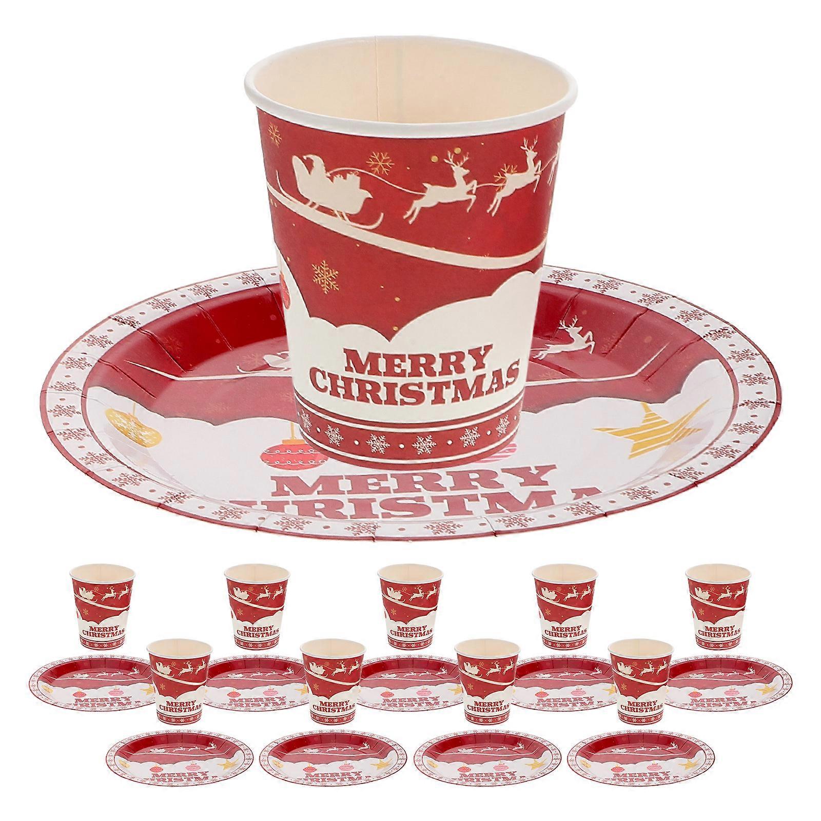 Festive Tableware For Kids And Adults Including Christmas Paper Plates And Cups Set With Red Color 20Pcs