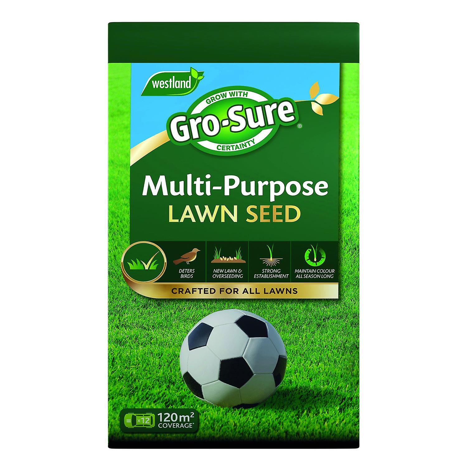 Gro-Sure Multi-Purpose Lawn Grass Seed covers 120m2, 3.6Kg