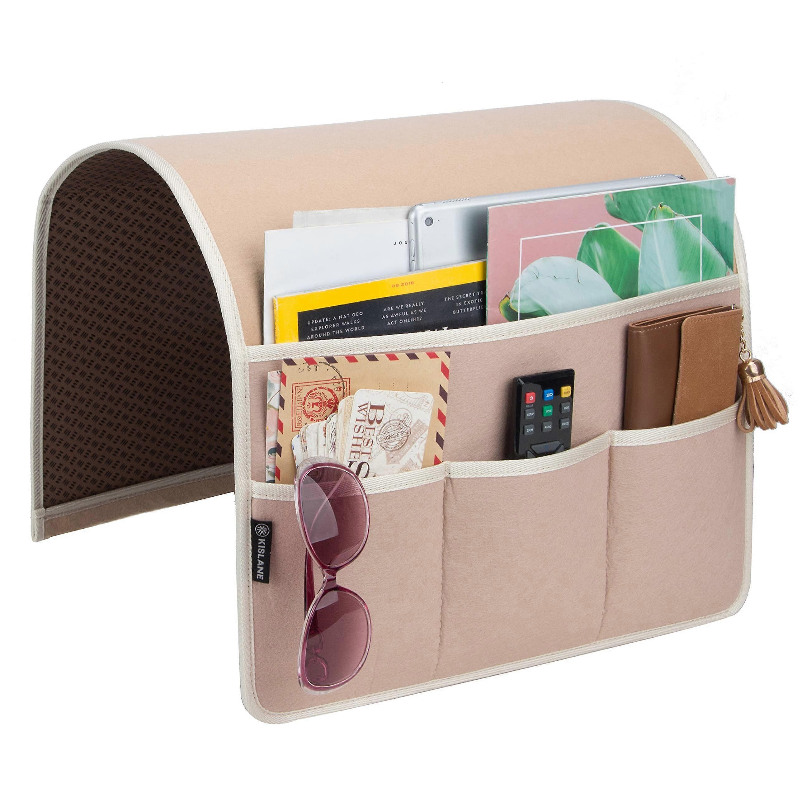 AntiSlip Armrest Caddy with 4 Pockets for Glasses, Ipad, Phone (Beige)