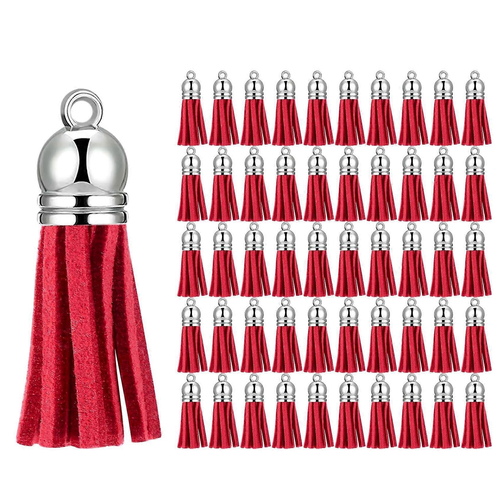 100Pcs Keychain Tassels Faux Leather Pendants Keychain Decoration for Making Supplies (Red)