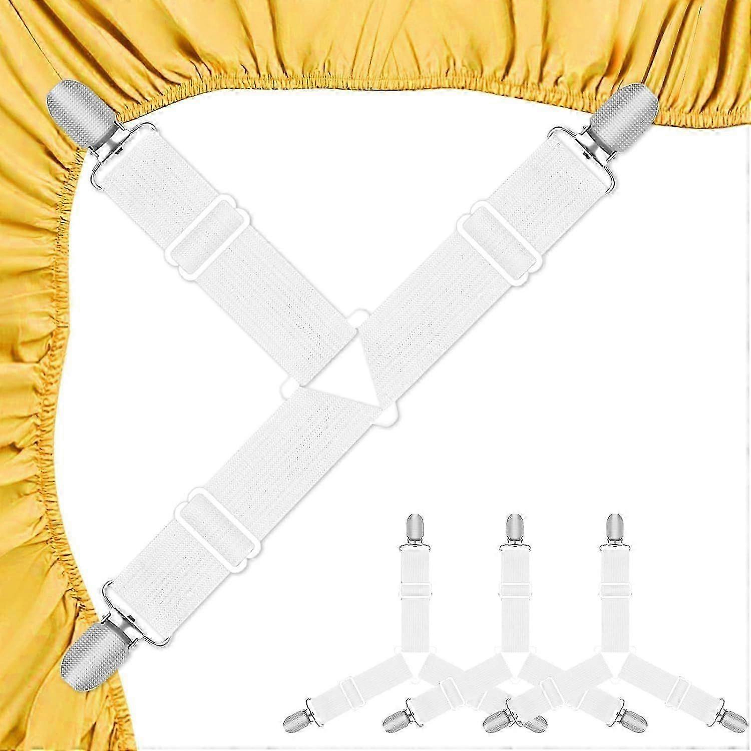 Fitted Sheet Holder, 4 Pcs White Fitted Sheet Fastener Set, Adjustable Elastic Fitted Sheet Strap with Metal Clips for Bed Sheets, Mattress Covers, S