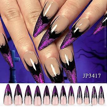 24Pcs Glue Set False Nails Long Stiletto Press On Nail Halloween Gothic Punk