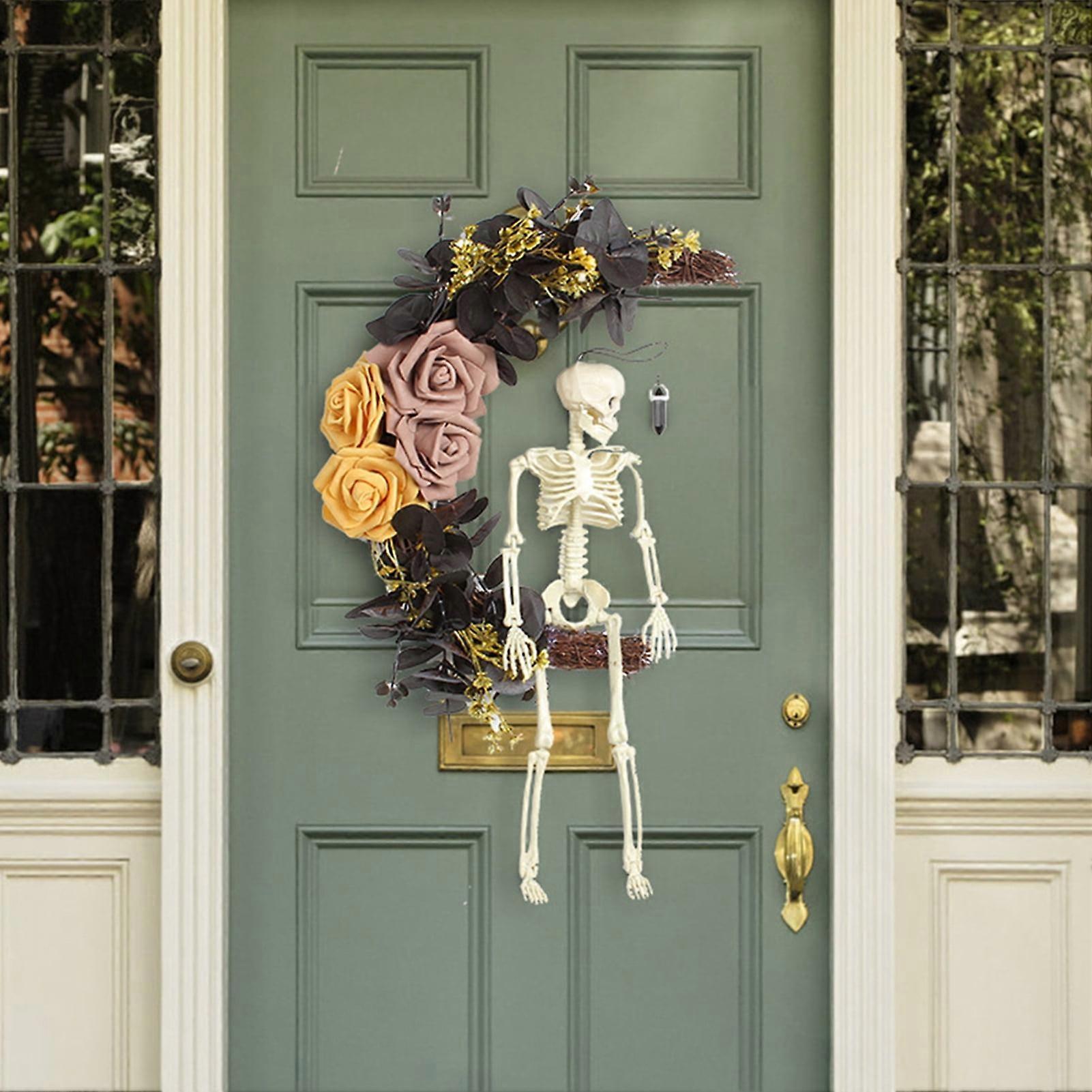 SUSUchens Halloween Artificial Skull Wreath Handmade Skull Rose Moon Wreath Skeleton Grapevine Garland Front Door Hanging Decoration Style A