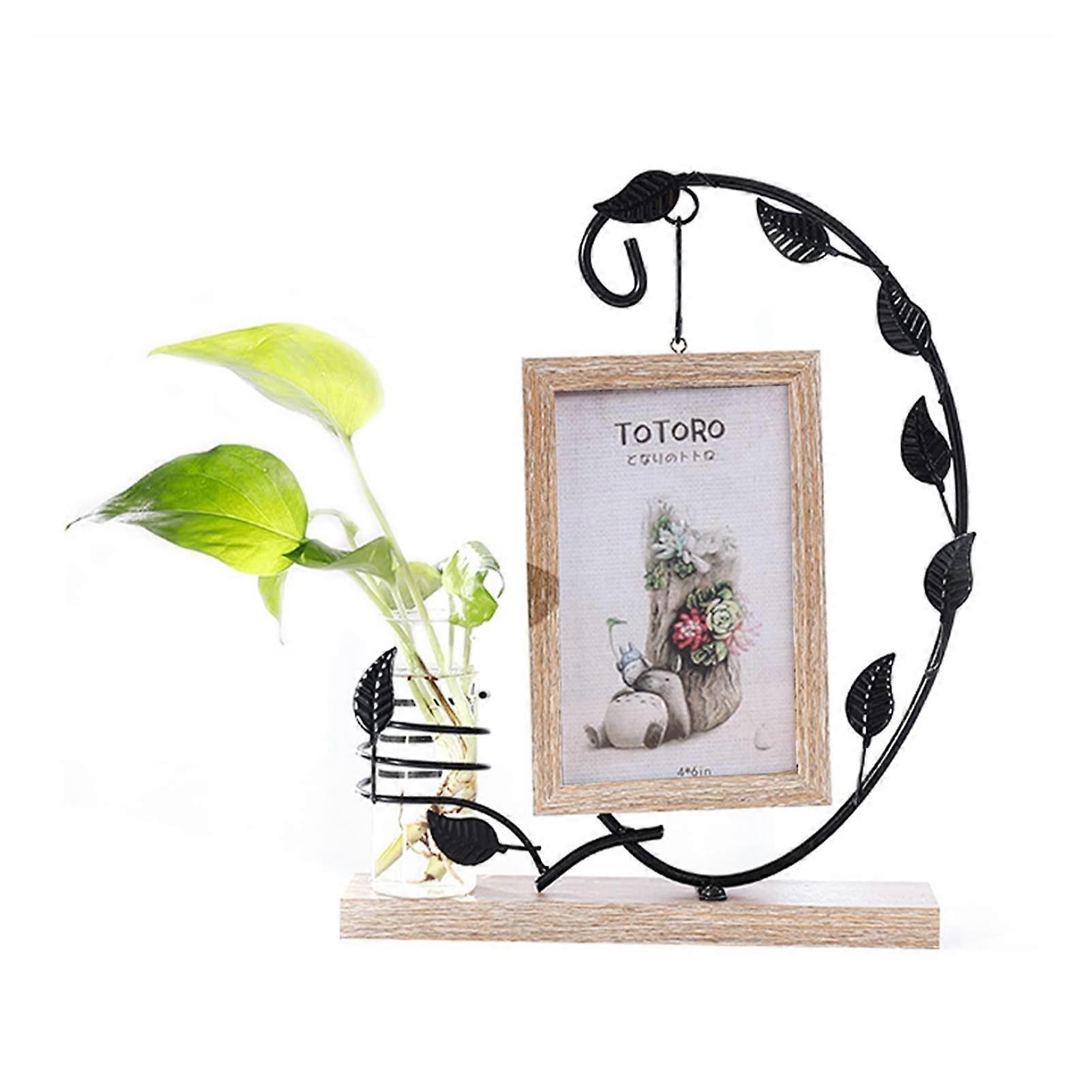 Photo Frame with Hydroponic Glass Vase, Double Sided Brass Wrought Iron for Wall or Tabletop Display