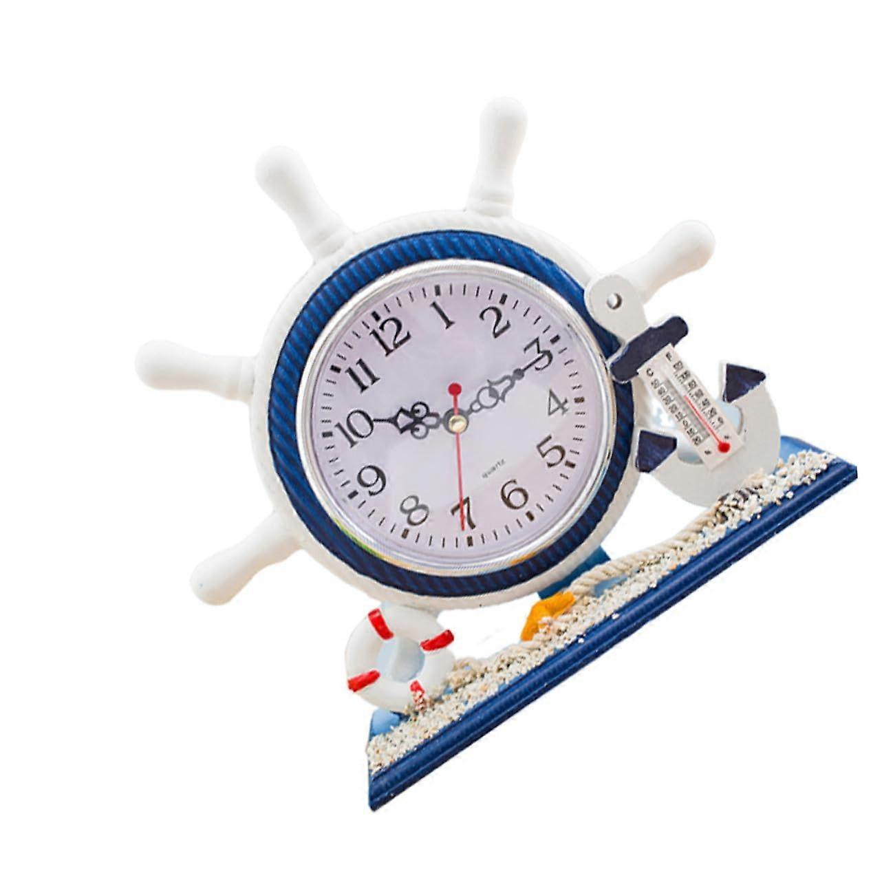 Nautical Rudder Shape Silent Desk Clock with Thermometer for Coastal Home Decor