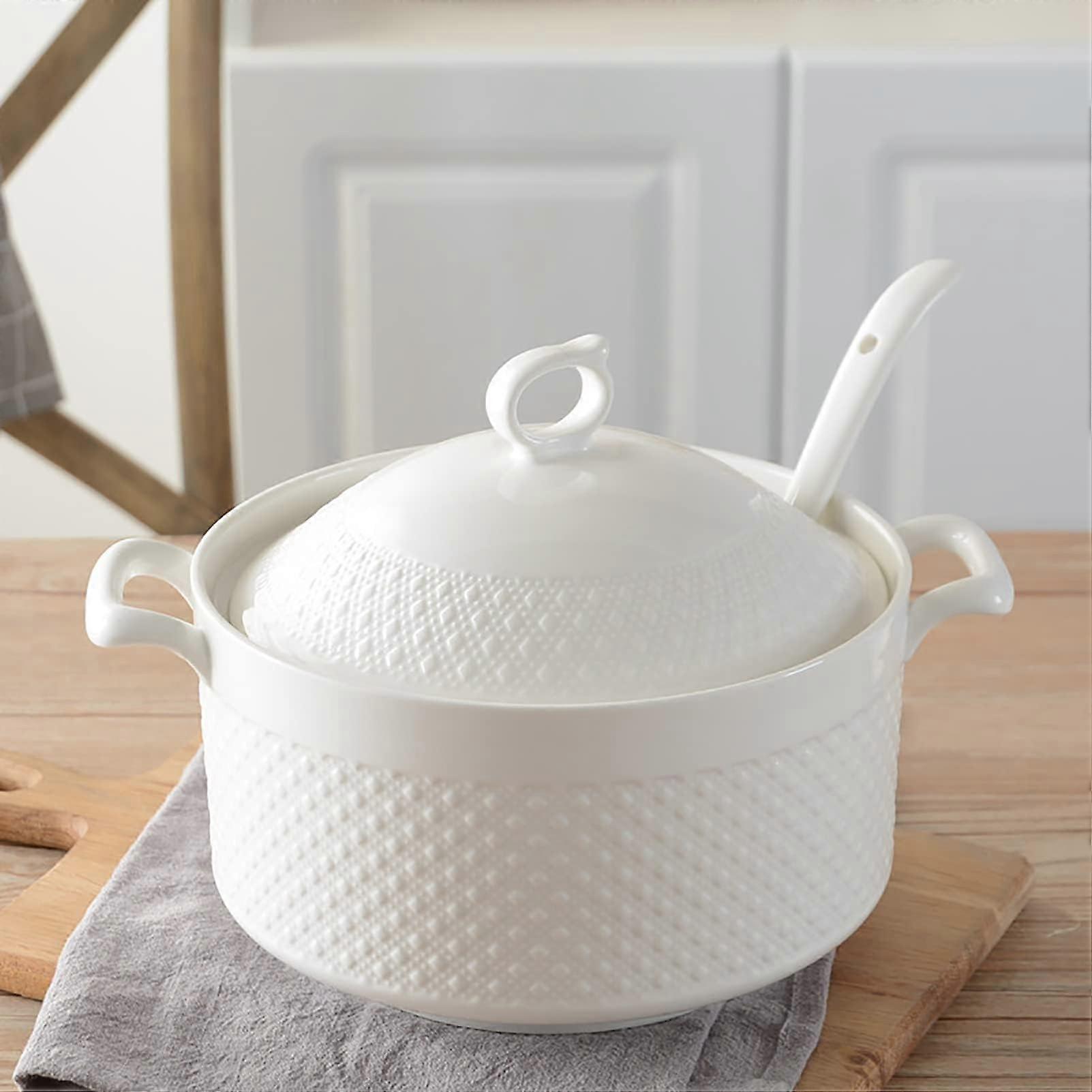 White Ceramic Soup Tureen with Lid and Ladle, Large 2400Ml Porcelain Serving Bowl with Handles