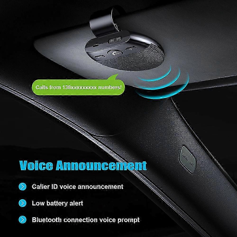 Hands Free Car Bluetooth Speaker with Visor Clip, Support for Two Phones, Auto On, Voice Assistant, Wire-Free Type-C Charging Car Phone Spea