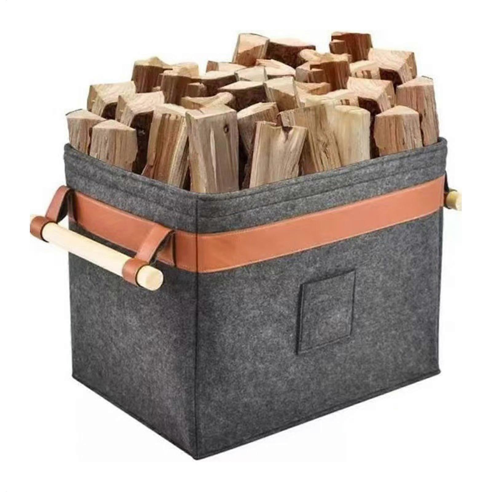 Firewood Basket Foldable Large Capacity Felt Log Carrier with Wooden Handles and Side Pockets 42x32x35cm