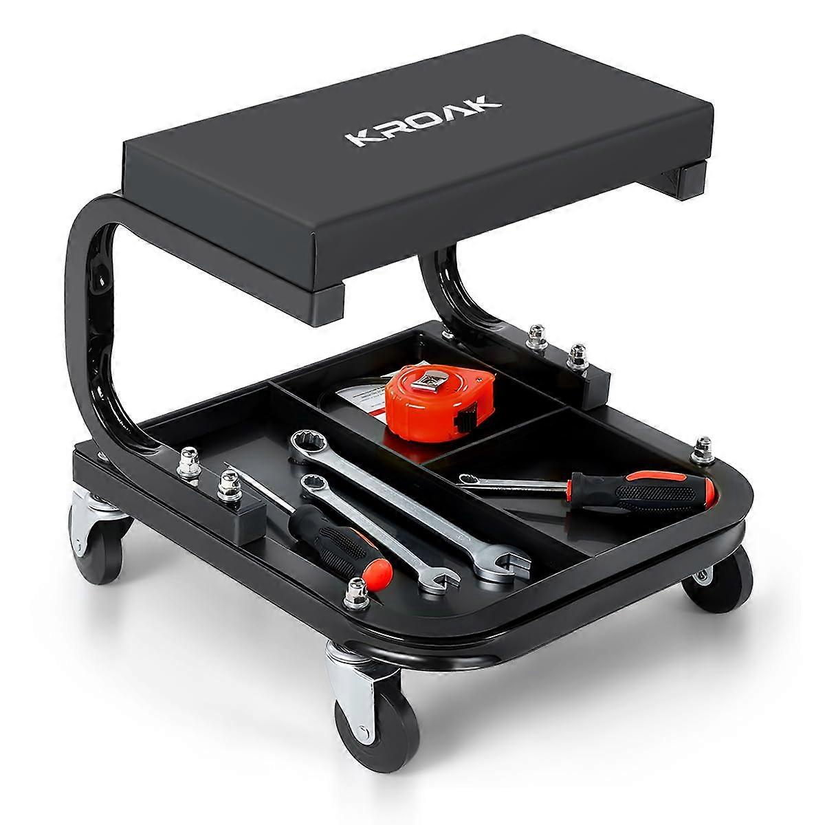 Rolling Mechanic Seat with Tool Tray, Padded Garage Creeper Stool, HeavyDuty Frame 260LBS Capacity