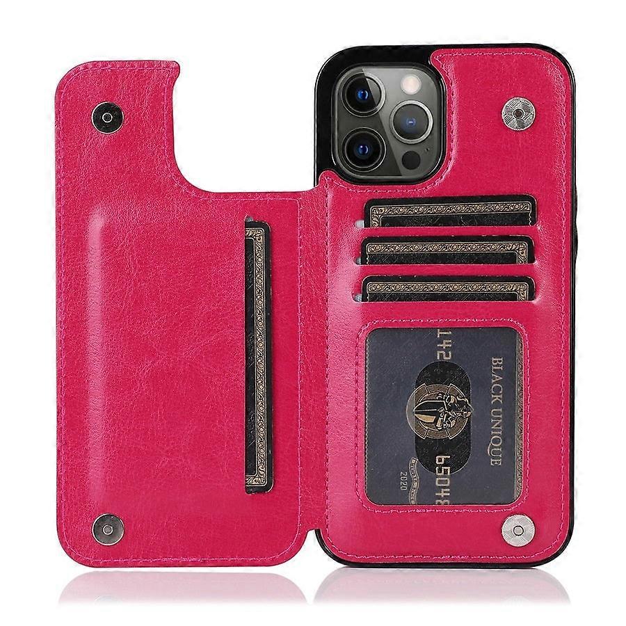 Case For Iphone 13 Mini Rose Red Solid Double Buckle Leather Wallet Card Slot No8682