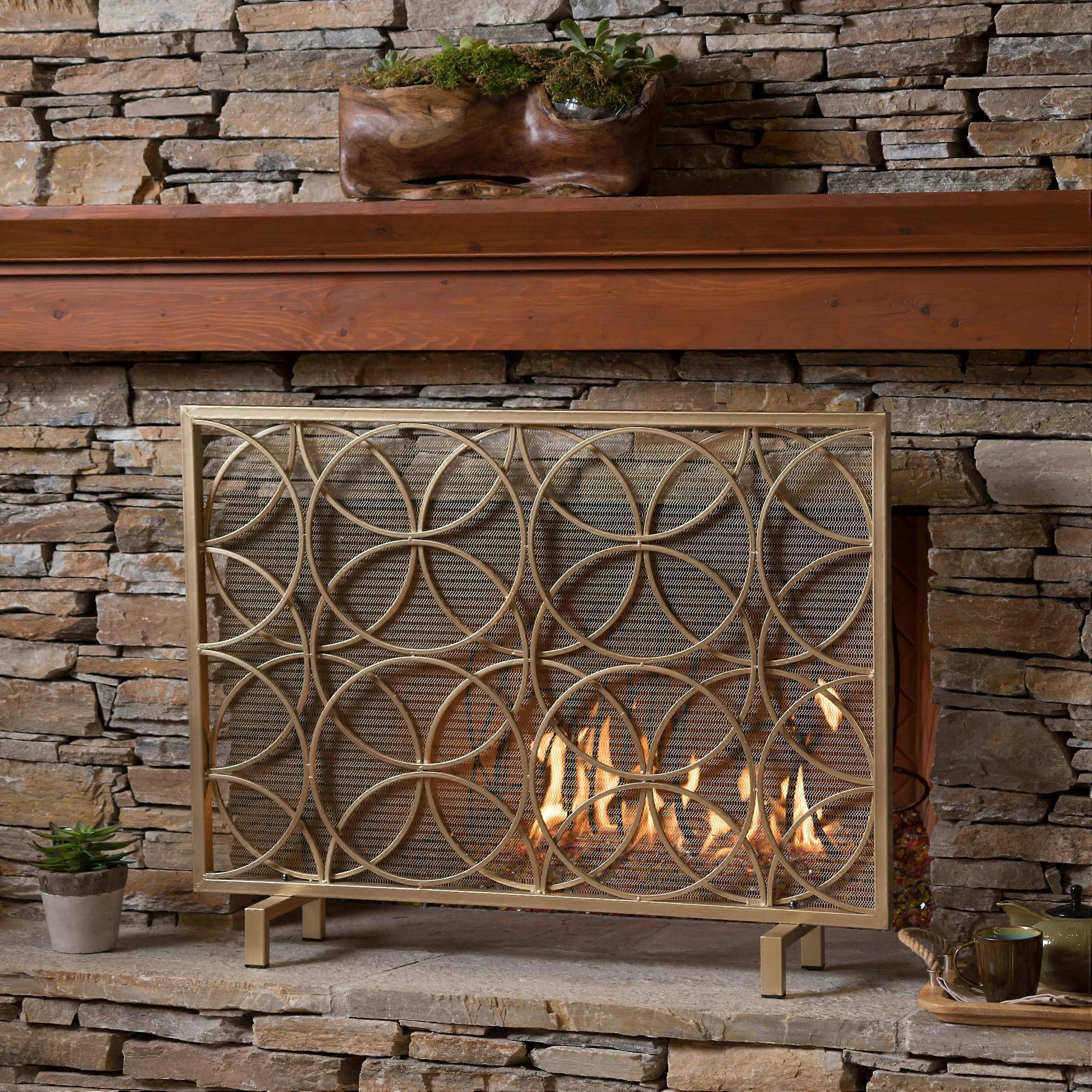 Gold Geometric Single Panel Fireplace Screen Protective Spark Barrier for Living Room