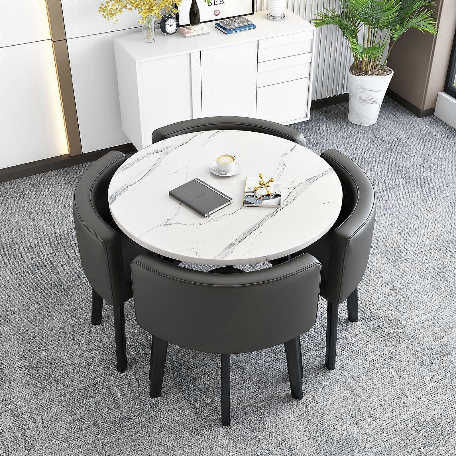 Modern Round Dining Table Set with 4 Chairs, 80x80cm, Marble Pattern, Steel Frame, Easy Clean