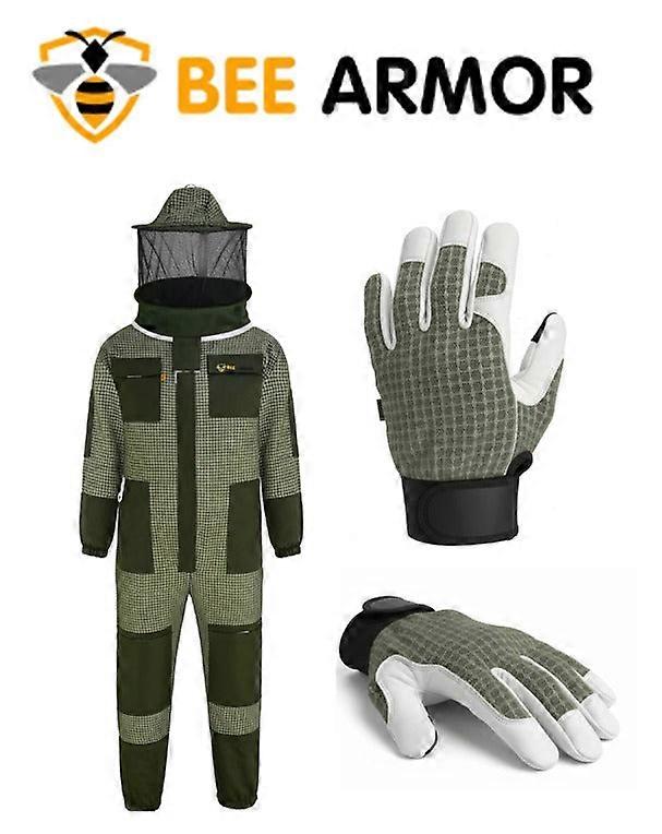 3-Layer Beekeeping Suit  Rounded Veil Green With  Gloves (bee Armor)-02