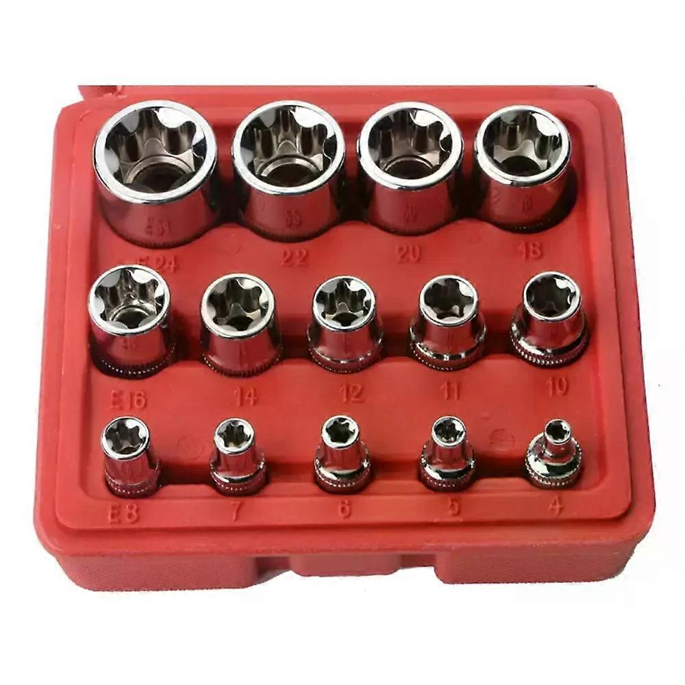 14 Pcs Female E Torx Star Socket Set With Case 1/4 3/8 1/2 Inch Drive External Star Socket E4 E24 Torque Socket Hand Tool