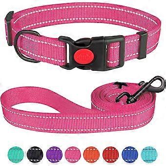 Reflective Dog Collar and Leash Set with Safety Locking Buckle Nylon Pet Collars Adjustable for Small Medium Large Dogs 3 Sizes(Hotpink&M)
