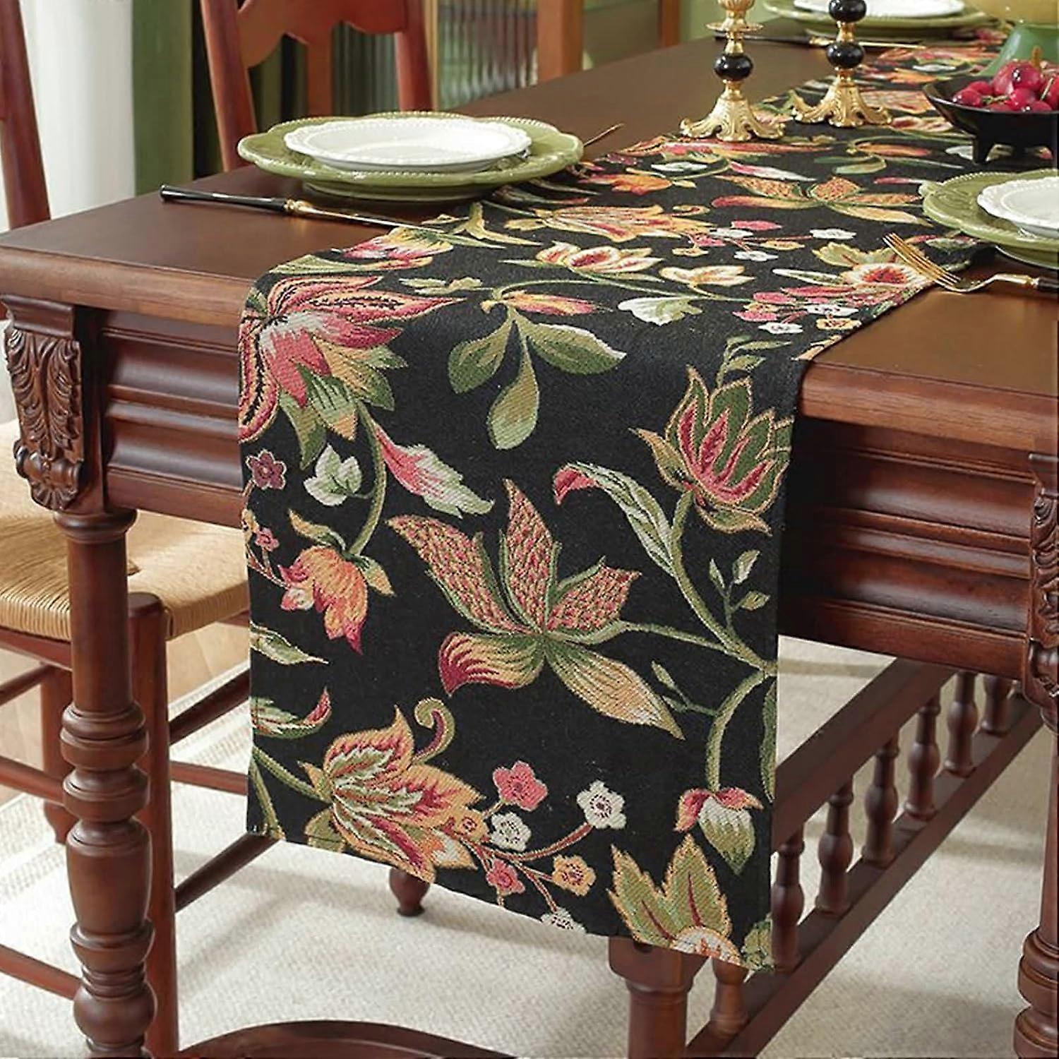 Green and Black Floral Table Runner, Polyester, 35x180cm