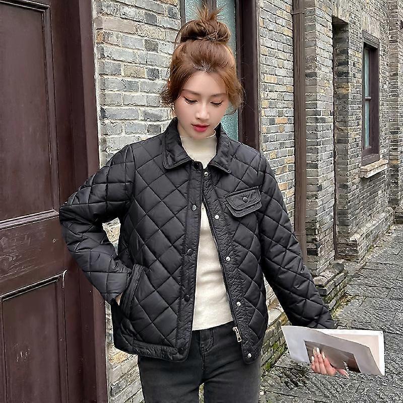Thin Short Rhomboid Winter Jacket with Turn Down Collar