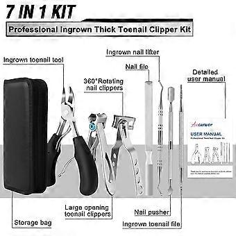 Heavy Duty Toenail Clippers Set, 360-Degree Rotating Stainless Steel Blade, Long Handle for Seniors, 7-Piece
