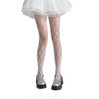 Dames, vintage, doorschijnende kousen van mesh-materiaal met een open, kantachtig bloemenpatroon. Elegante, netachtige panty's.