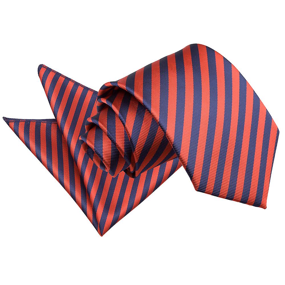 Navy Blue and Red Thin Stripe Tie and Pocket Square Set