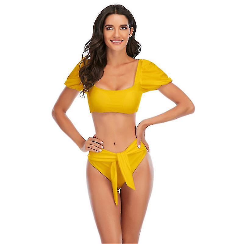 בגדי ריקוד נשים גבוה מותניים בנדאו ביקיני סט, אופנה שרוול נפוח בגדי ים סט בגדי ים סקסיים