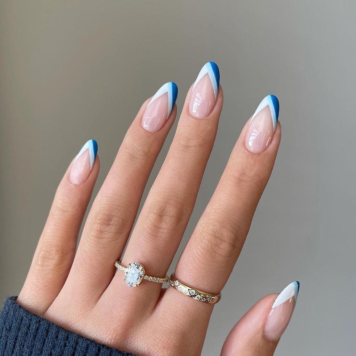 False Nail Tips Fake Artificial Art DIY Finger Cover Simple Blue And White Lines Color Matching Fini