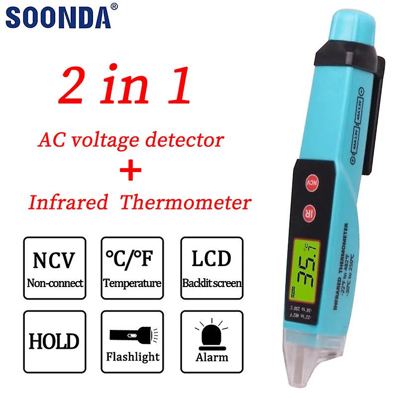 2 In 1 Non-contact Ac Voltage Detector Tester Meter Infrared Thermometer Pen Style Voltage Detector Lcd Alarm Self-testing
