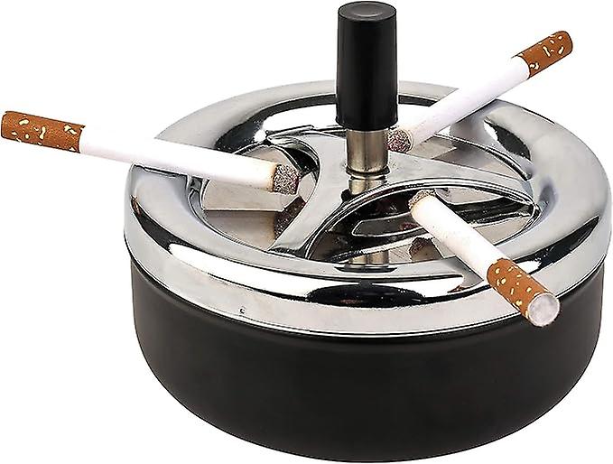 Round Push Down Cigarette Ashtray with Spinning Tray, Large, Black