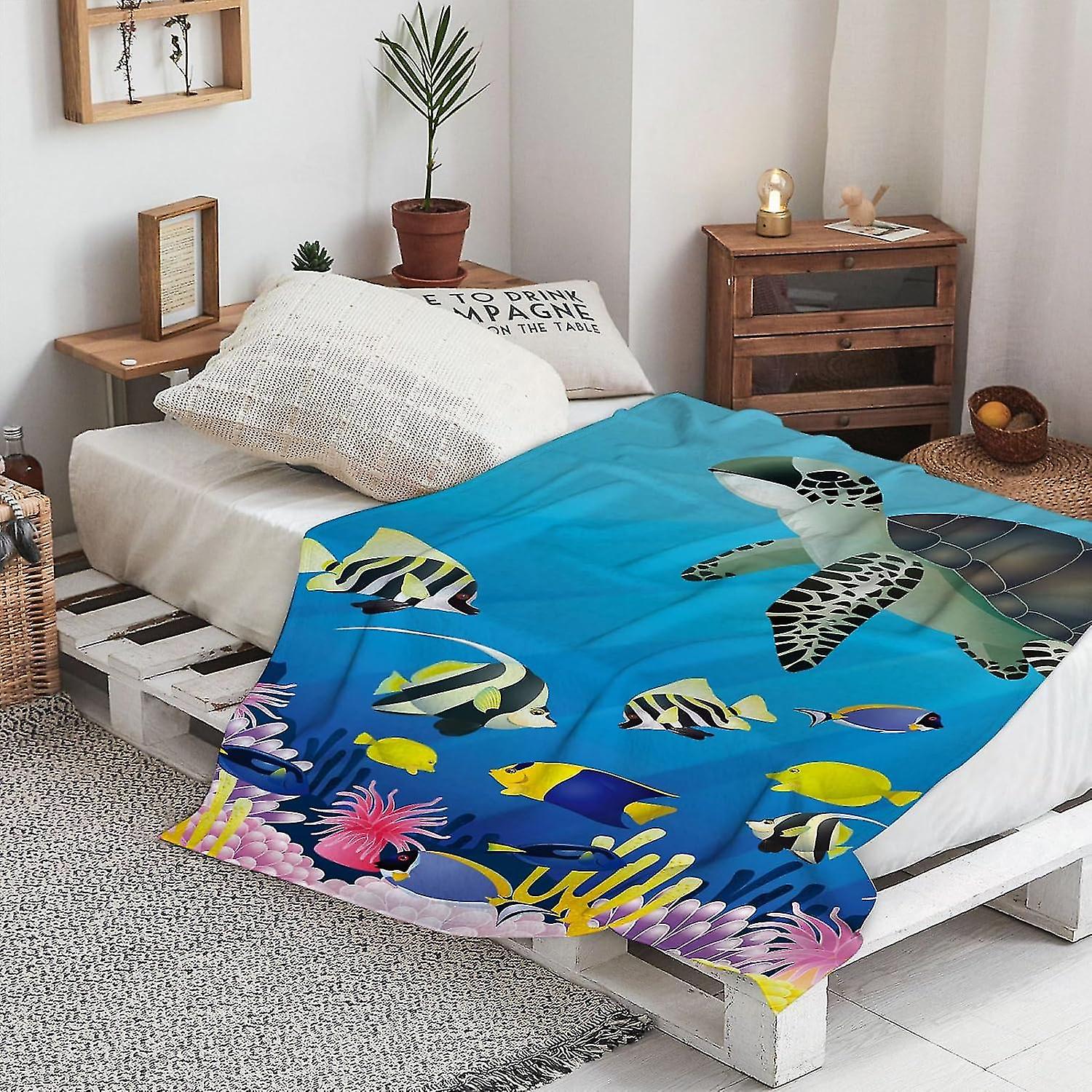Warm Soft Underwater Landscape With Turtle And Fish Throw Blanket,winter Warm Sofa Bed Throw Bed Picnic Blanket Throw Over Soft Plush Garden Cosy Chai
