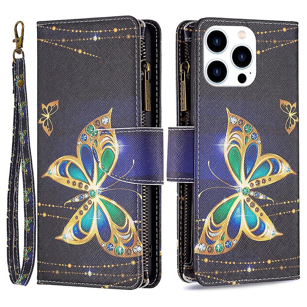 BF03 For iPhone 16 Pro Case Pattern Print PU Leather Phone Cover with Zipper Wallet - Rhinestone But