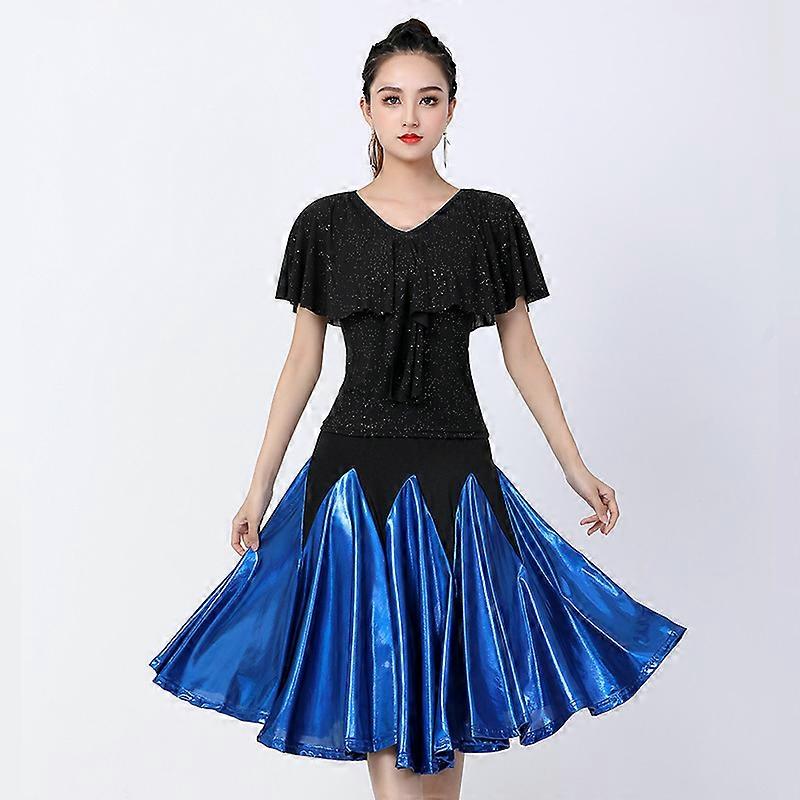 Latin Dance Robe extensible Salsa Samba Filles Franges Costume Demi-manches Compétition Robes Femmes Satin Jupe Scène Performancebleu