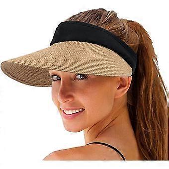 Women Straw Sun Visor Hat Wide Brim Summer Uv Protection Beach Cap Foldable Korean Style
