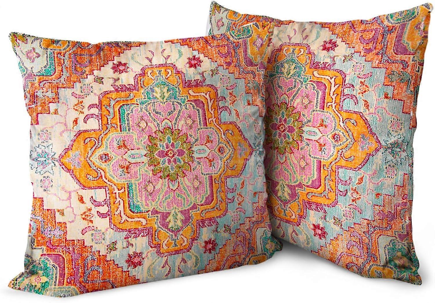 Boho Orange Throw Pillow Covers 20x20 inch Set of 2, Bohemian Carpet Double Sided Pattern Soft Plush Cushion Cover for Couch Sofa Bed Decorative, Only