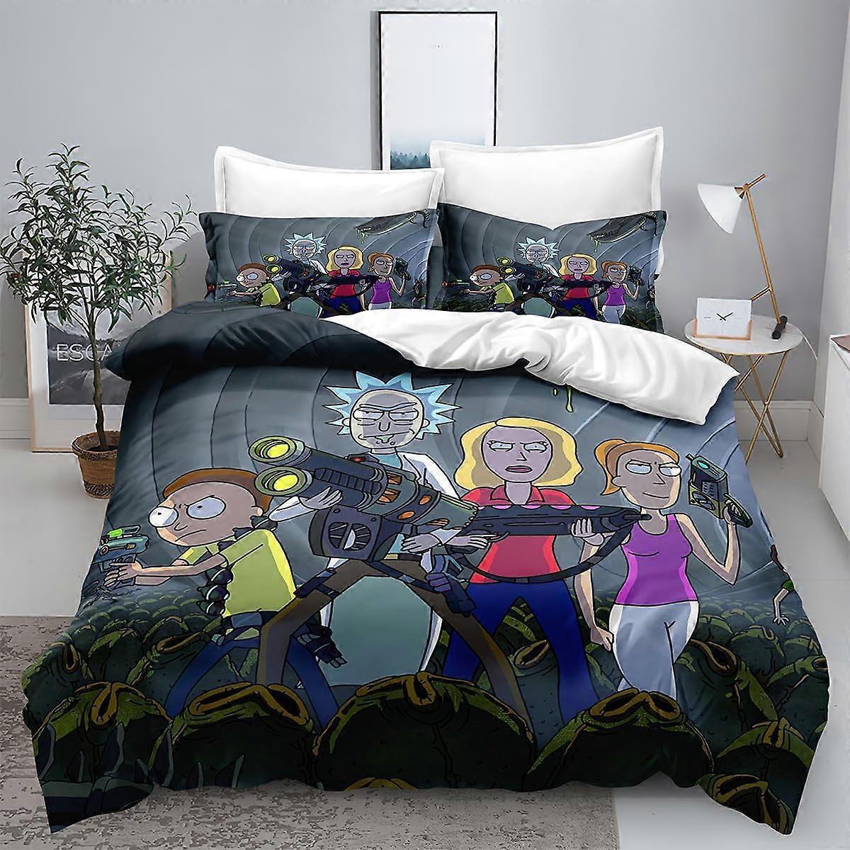 i756 Påslakan Ric-K Sängkläder Set och Morty 3D-printade lätta 3-delade täcken, 1 påslakan och 2 Pillow Shams för pojkar flickor, Quee