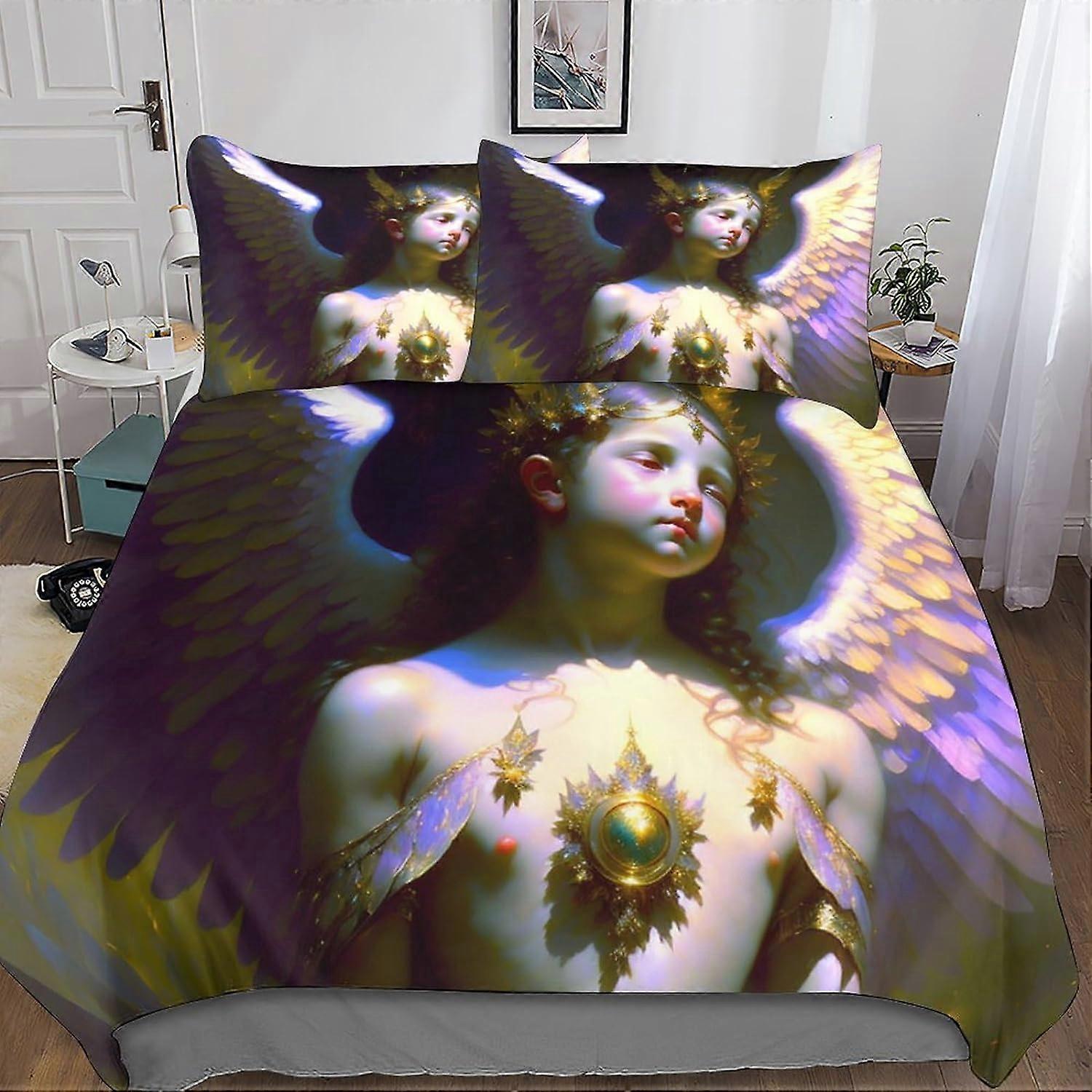 Angel Lucifer 3D Bedding Set, 3 Pcs Bedding Set AI Microfiber Duvet Cover & Pillowcases with Zipper Closure for Single or Double Bed