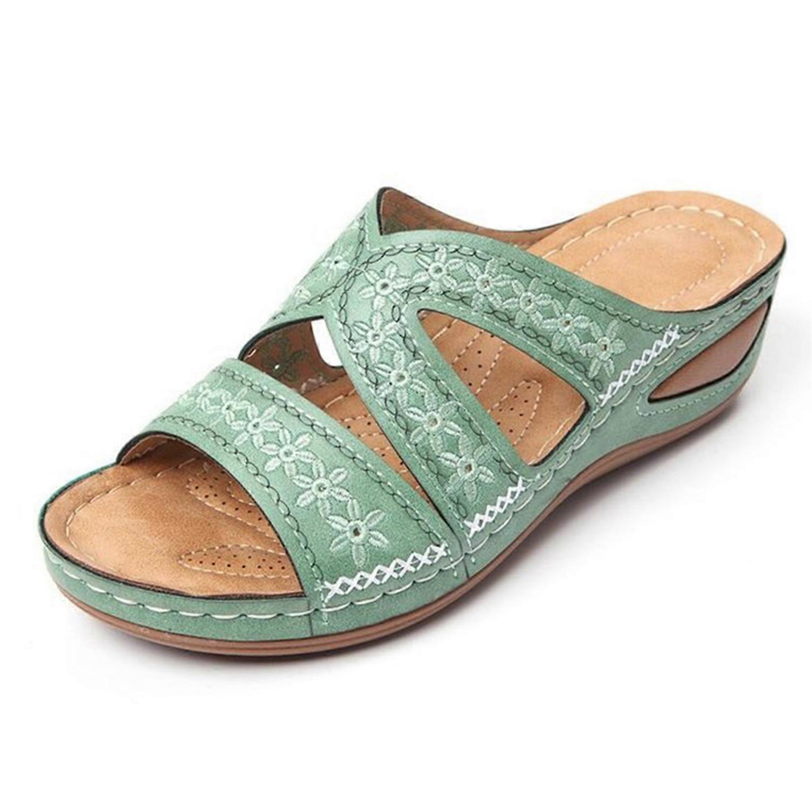 Leather Soft Footbed Orthopedic Arch-Support Sandals 2021 Thick Platform Slipper Sandals for Women Embroidered Shoes