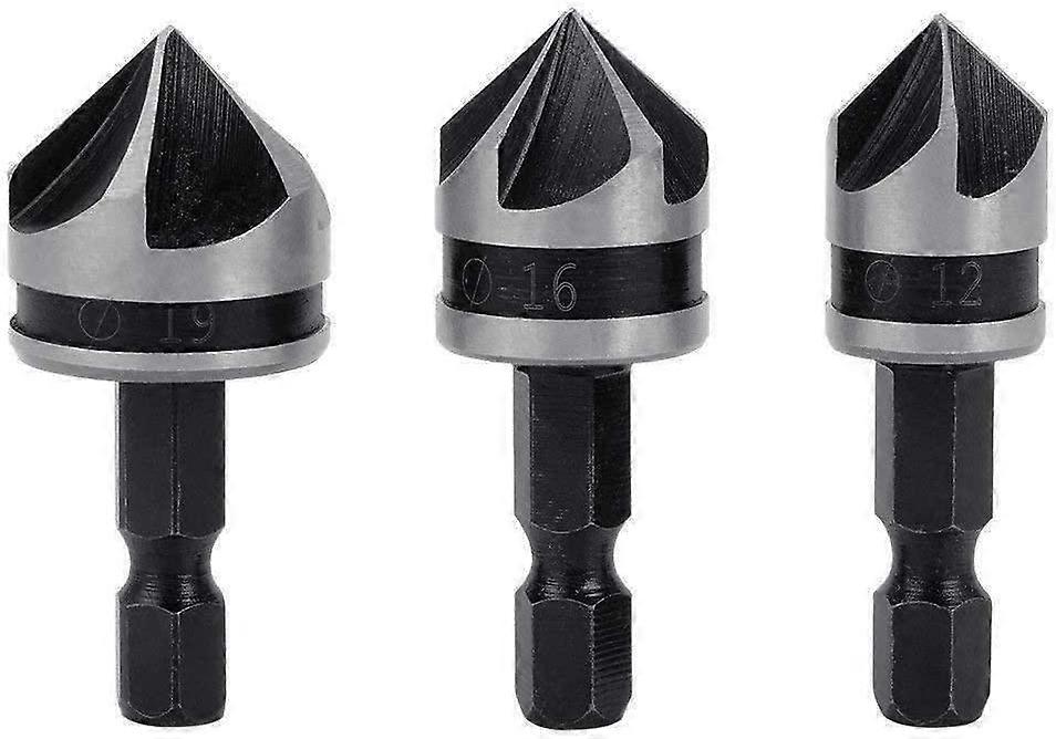 3Pc 1/4 Inch Hex Shank 5 Flute 90Chamfering Countersink Drill Bit Set