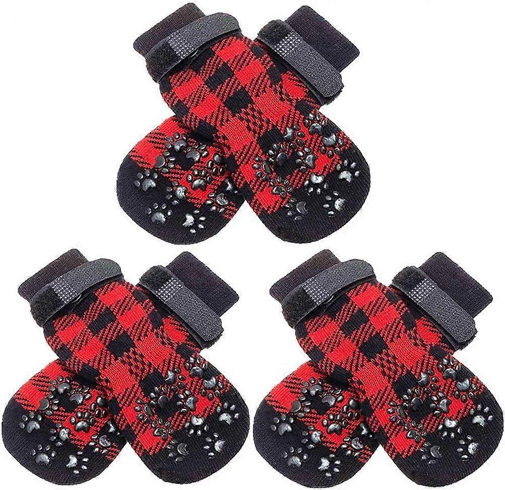 4 Pairs Dog Socks Double Side Anti-Slip with Straps Traction Control ,Plaid Paw Protector for Floor Indoor