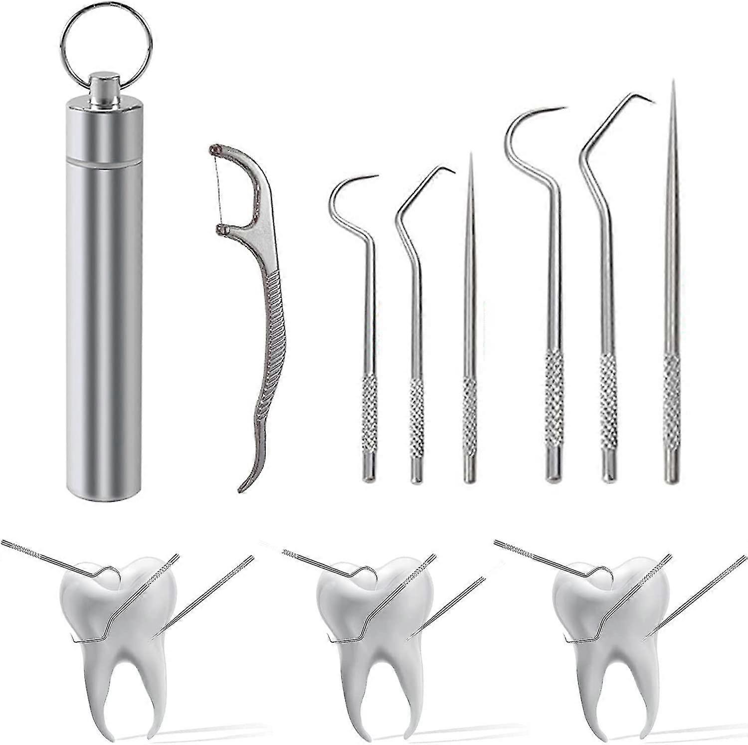 Σετ οδοντογλυφίδων ανοξείδωτου 7pcs, 304 σετ οδοντογλυφίδων ανοξείδωτου, επαναχρησιμοποιήσιμες μεταλλικές οδοντογλυφίδες με το μπρελόκ για υπαίθριο κάμπινγκ πικνίκ που ταξιδεύει (1