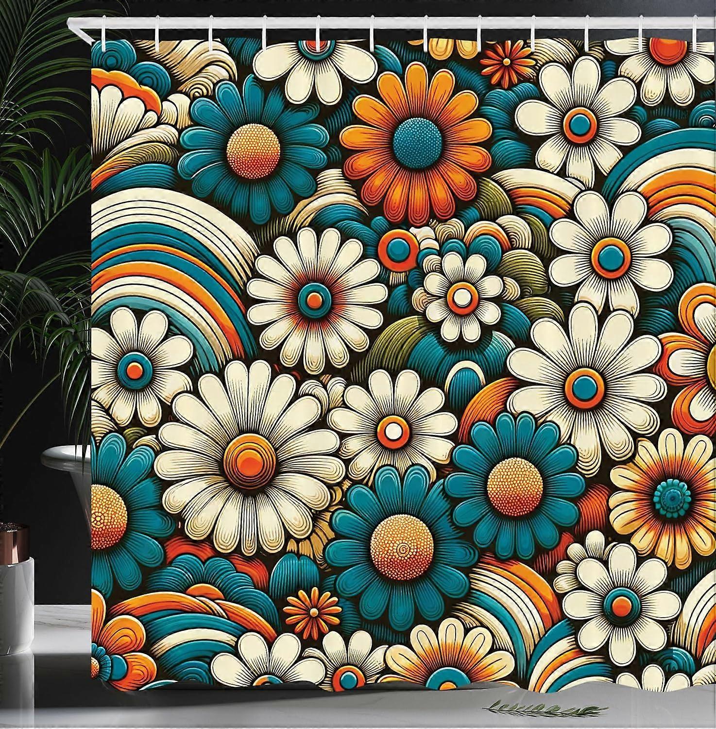 Hippie Shower Curtain, Chamomile Like Flower Blossoming Garden with Swirly Lines in Groovy Colors, Cloth Fabric Bathroom Decor Set with Hooks,Orange T