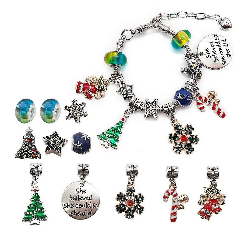 Christmas Children's Bracelet Set Handmade DIY Large Hole Beaded Strings(Silver Snowflake version)