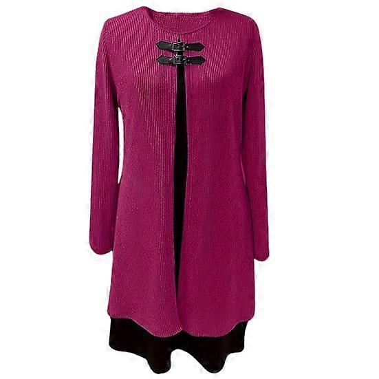Fall Spring Womren Dress Fake Two-piece Long Sleeve A-line Loose Hem Round Neck Buckle Decor Knitted Soft Color Matching Knee Length Midi Dress